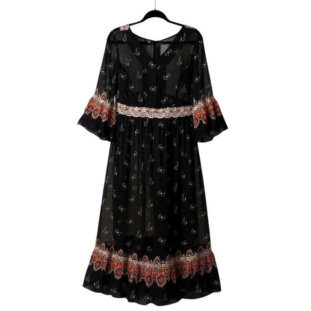 Sundance Boho Embroidered Midi Dress Black Floral Size 4 - Picture 2 of 5